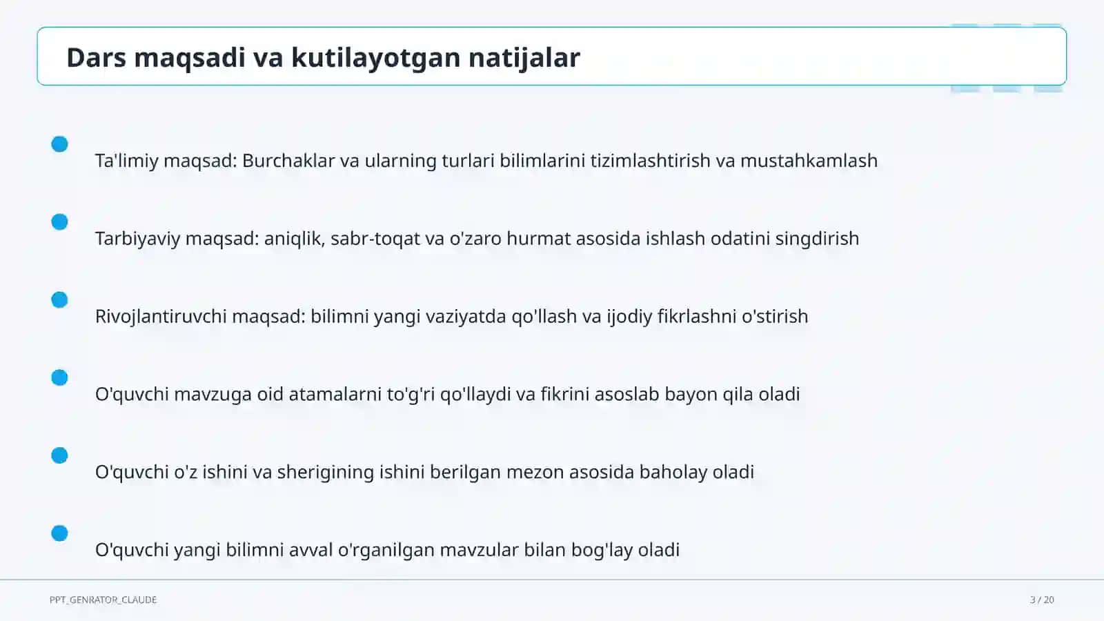 Burchaklar va ularning turlari (7-sinf) Geometriya (7–11) 3