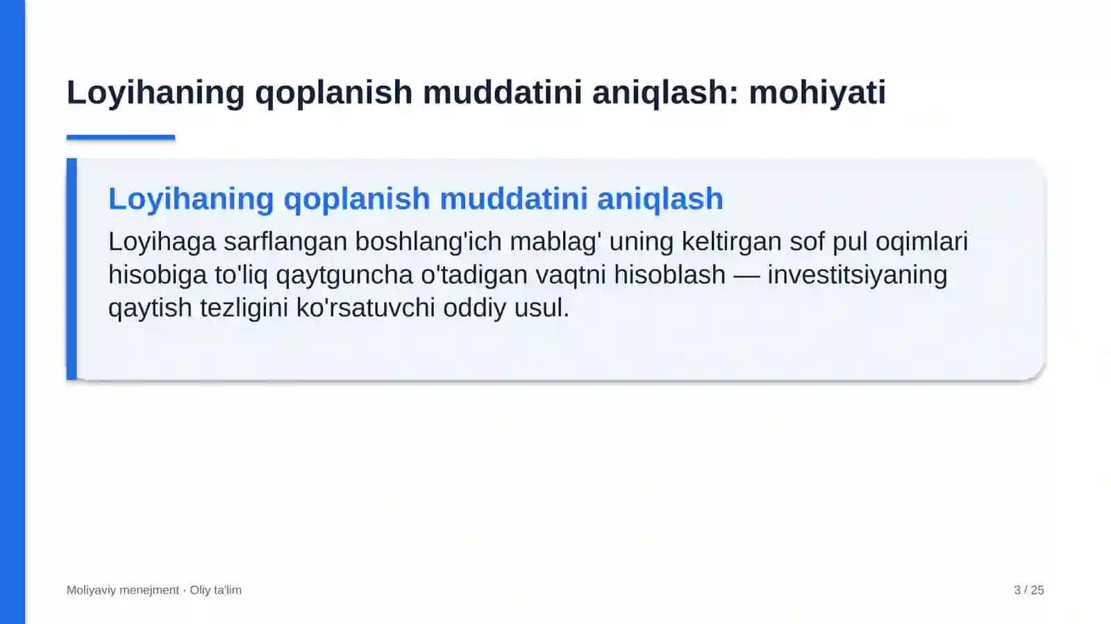 yakka tartibdagi uy joy qurilishida investitsiya loyihalarining qoplanish muddatini aniqlash 7034 3