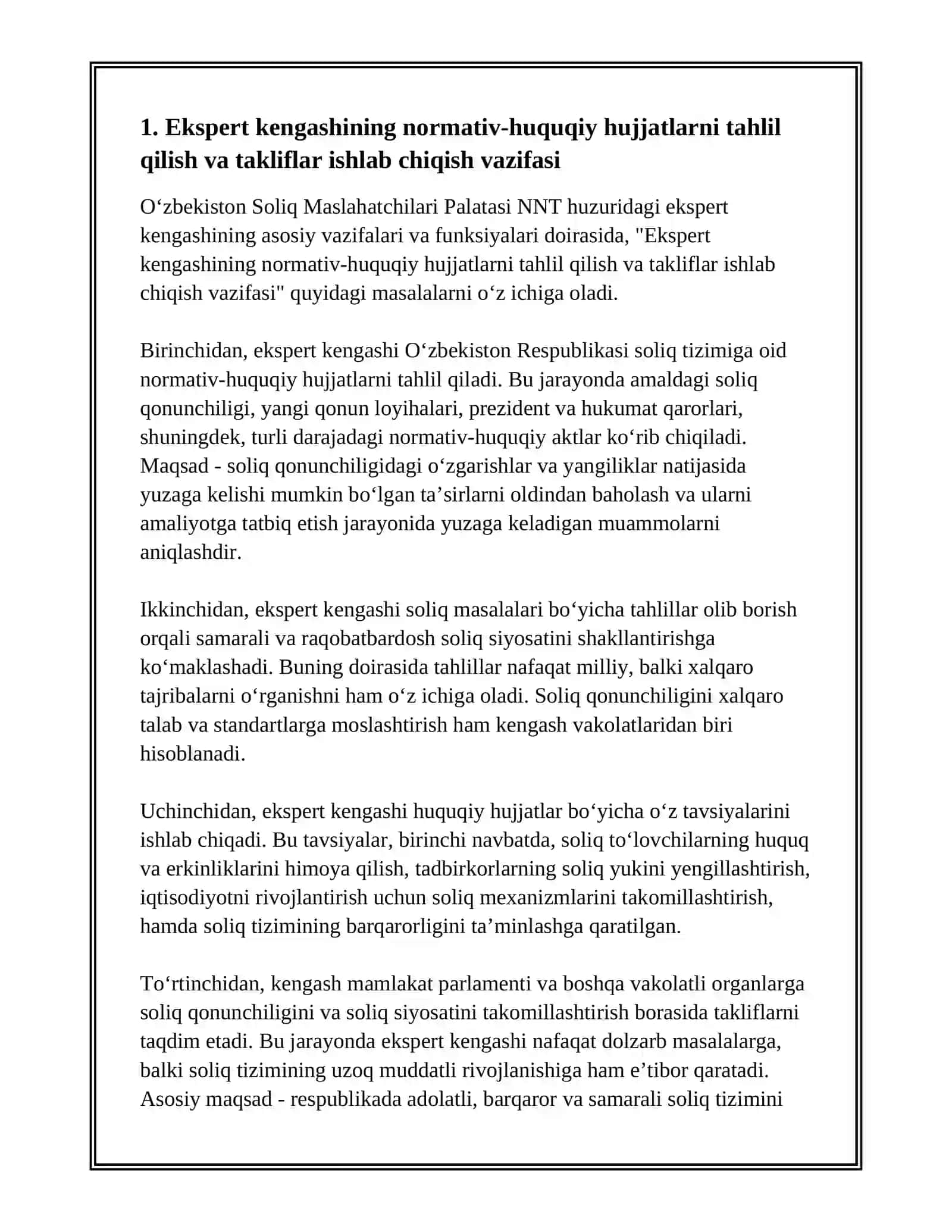 O'ZBEKISTON SOLIQ MASLAHATCHILARI PALATASI NNT HUZURIDAFI EKSPERT KENGASHINING ASOSIY VAZIFALARI VA FUNKSIYALARI 3