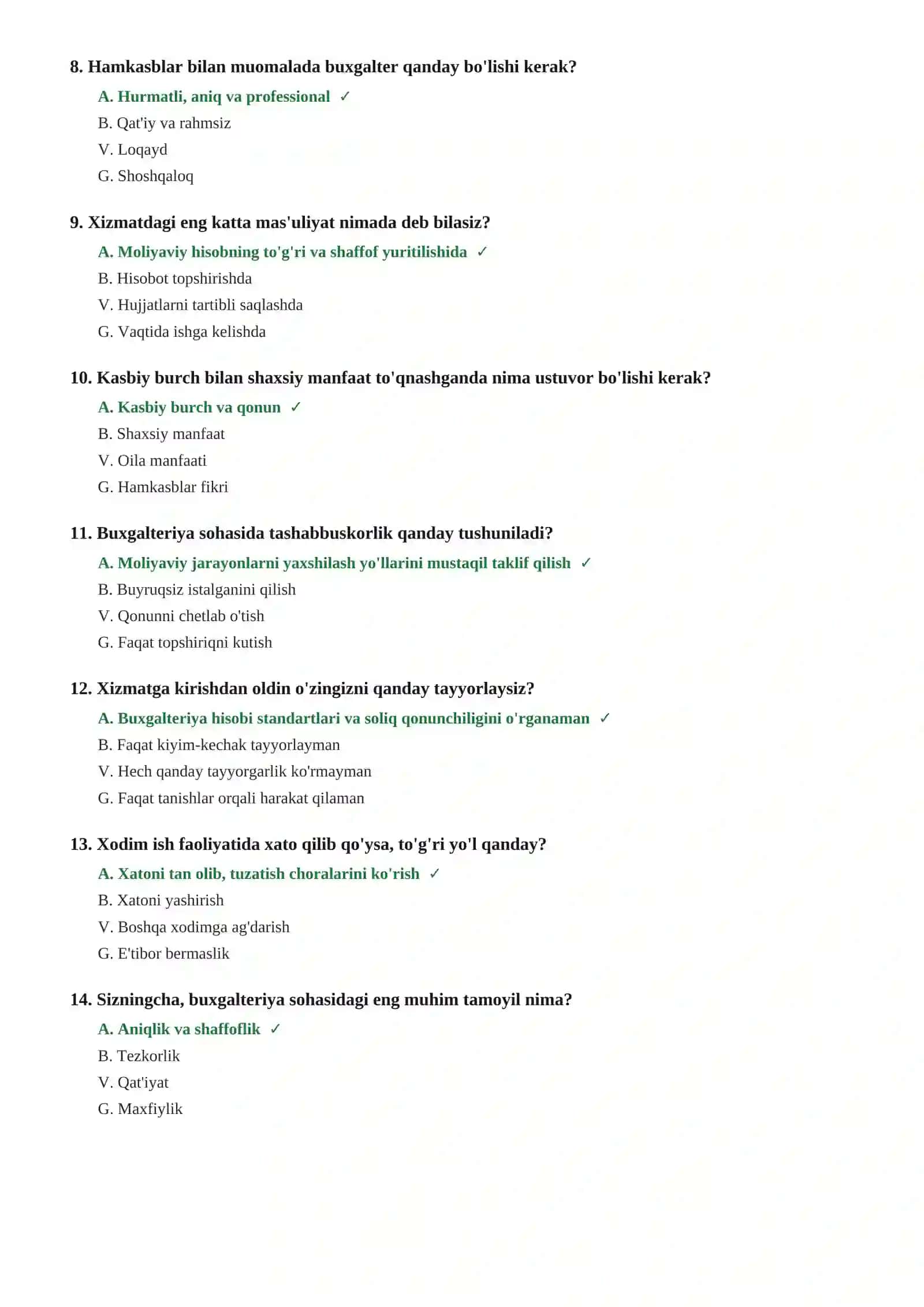 MOLIYA-IQTISOD SOHASI
BUXGALTER/MOLIYA MUTAXASSISI ISHGA KIRISH UCHUN
TEST SAVOLLARI 3