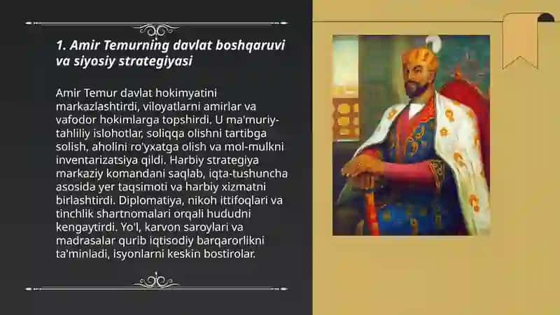 Amir Temurning davlat boshqaruvi va siyosiy strategiyasi 3