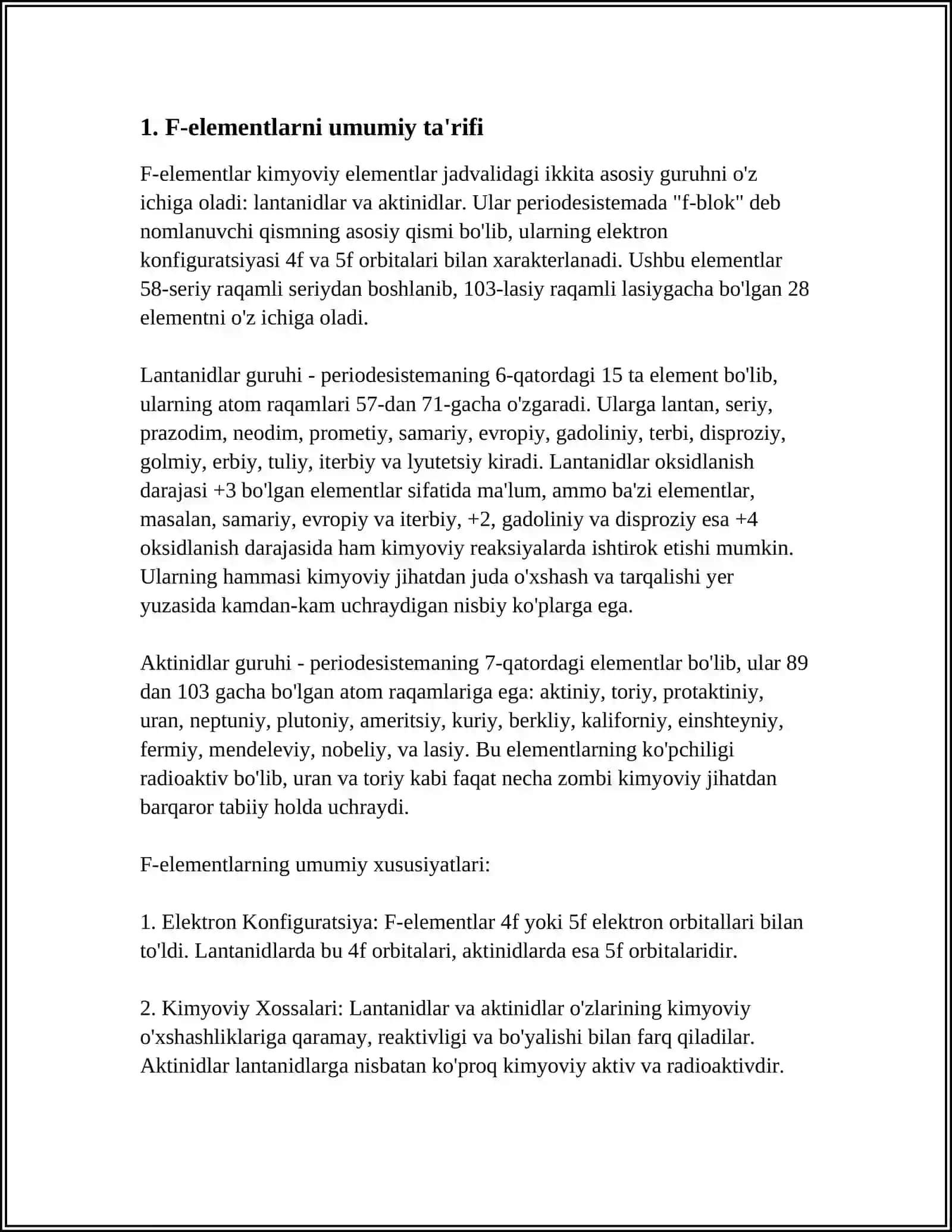 F-ELEMENTLAR. LANTANOIDLAR VA AKTINOIDLAR. 3-GURUH ELEMENTLARINING UMUMIY TAVSIFI 3