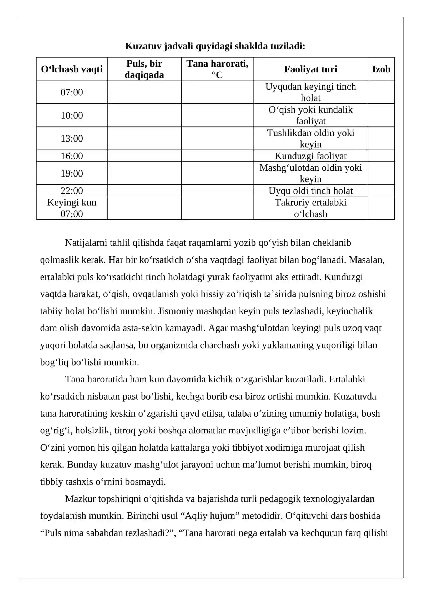 Bir kecha-kunduz davomida pulsni va tana haroratini tekshirish 3