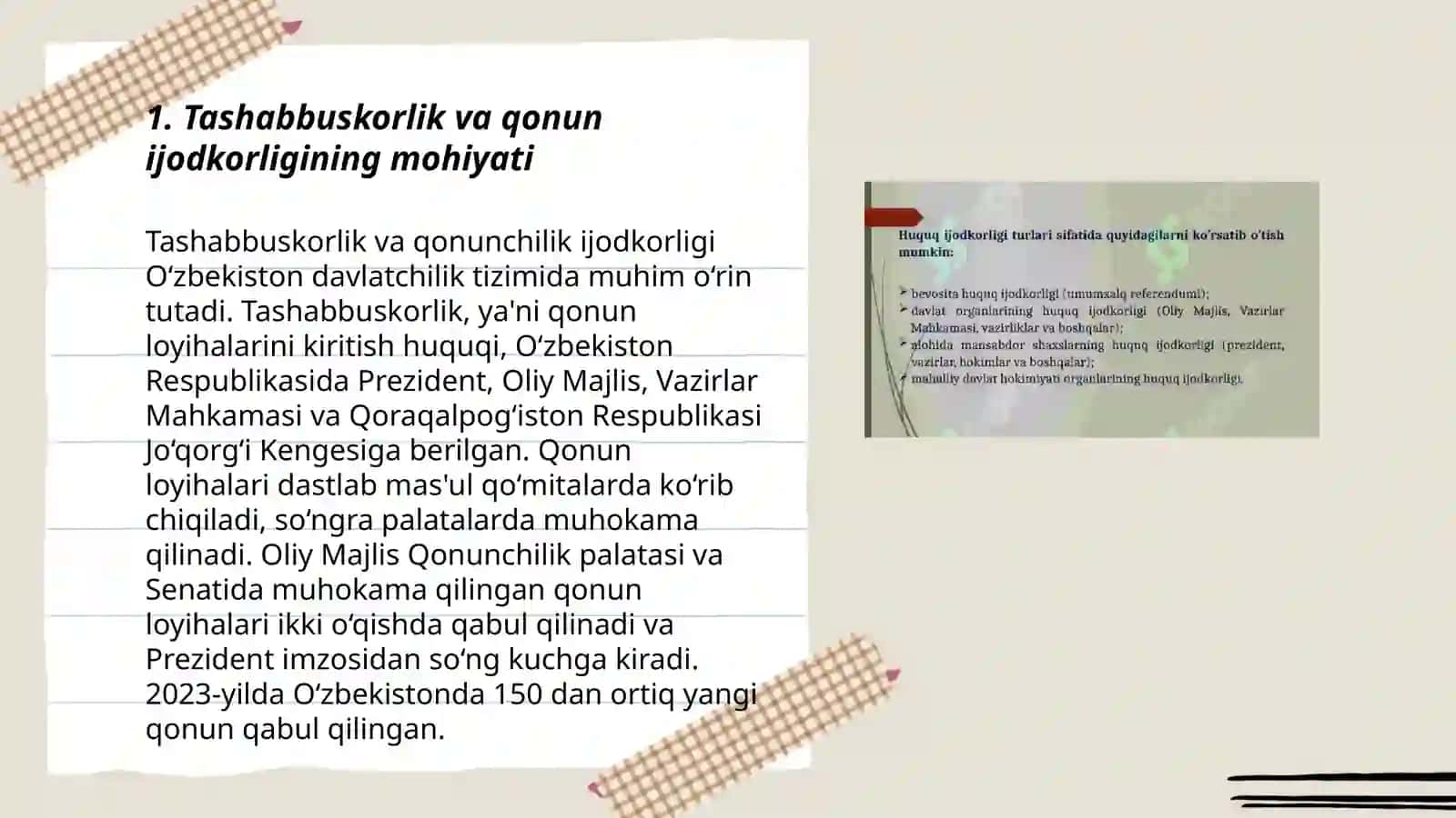 Tashabbuskorlik qonun ijodkorligi qonunlarni hayotga tadbiq qilish va huququy tarğibotni muhim omili 3