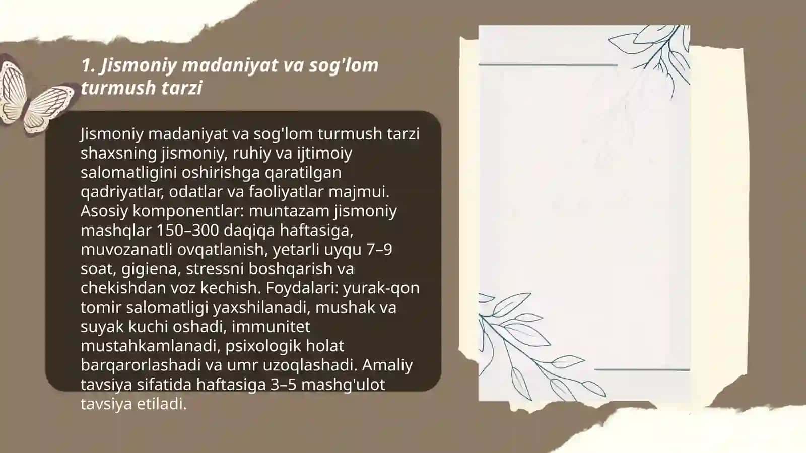 Jismoniy madaniyat va sportga oid berilgan mavzularga Taqdimot tayyorlash va ularni himoya qilish 3