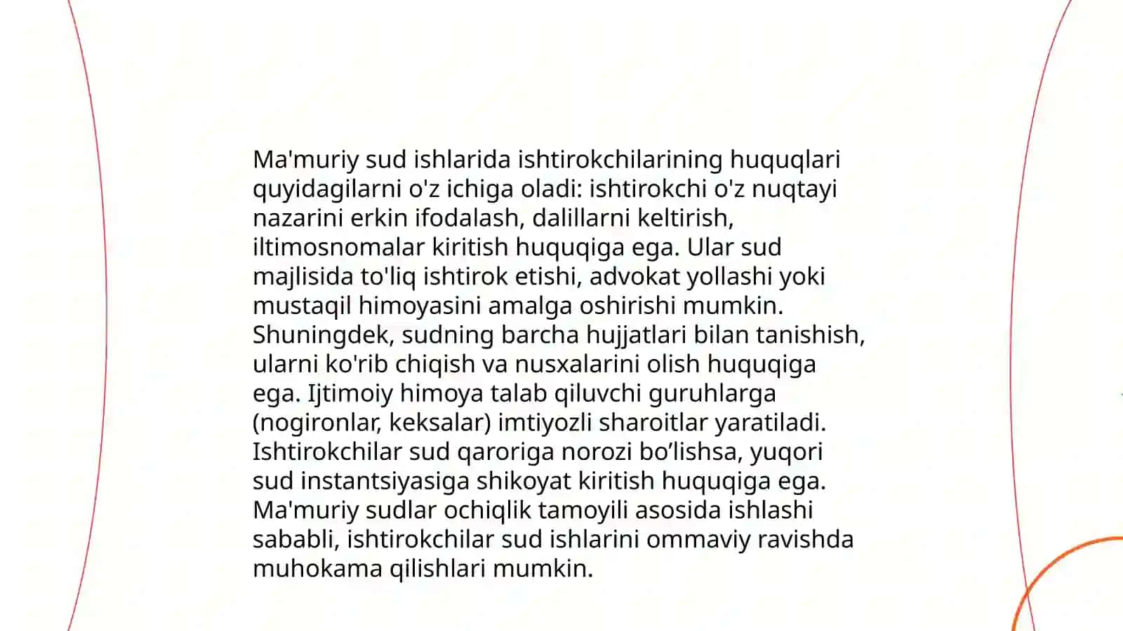 MAʼMURIY SUD ISHLARINI YURITISH ISHTIROKCHILARINING HUQUQ VA MAJBURIYATLARI, SUDDA VAKILLIK, ARIZANING (SHIKOYATNING) SHAKLI VA MAZMUNI 3