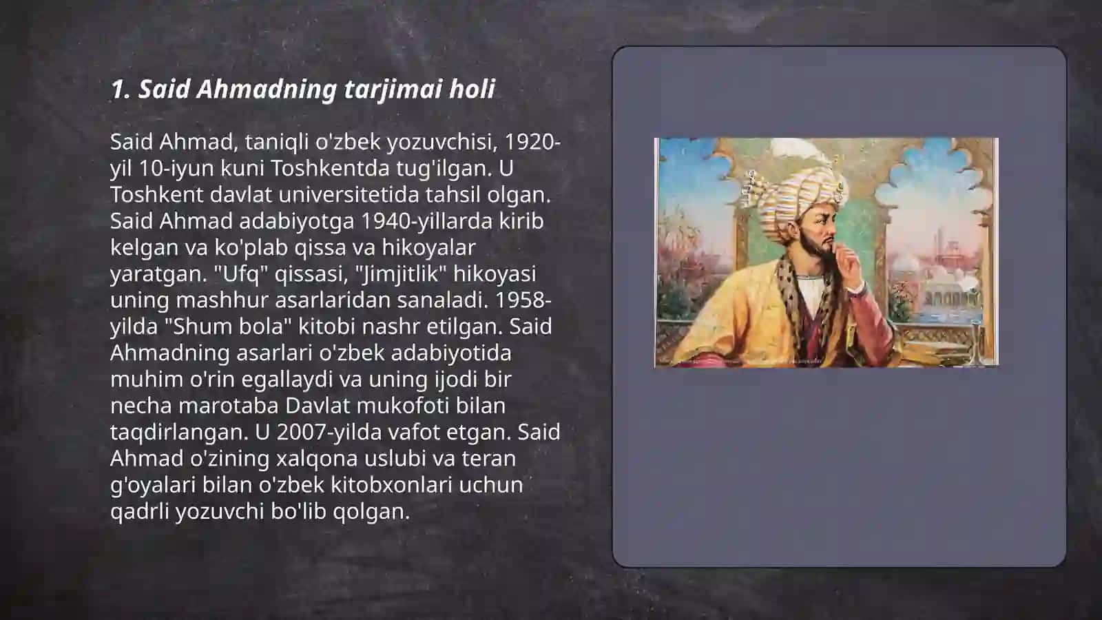 Said Ahmadning hayoti va ijodi. "Qorako'z Majnun" hikoyasi haqida Soliyeva Bekzoda 3