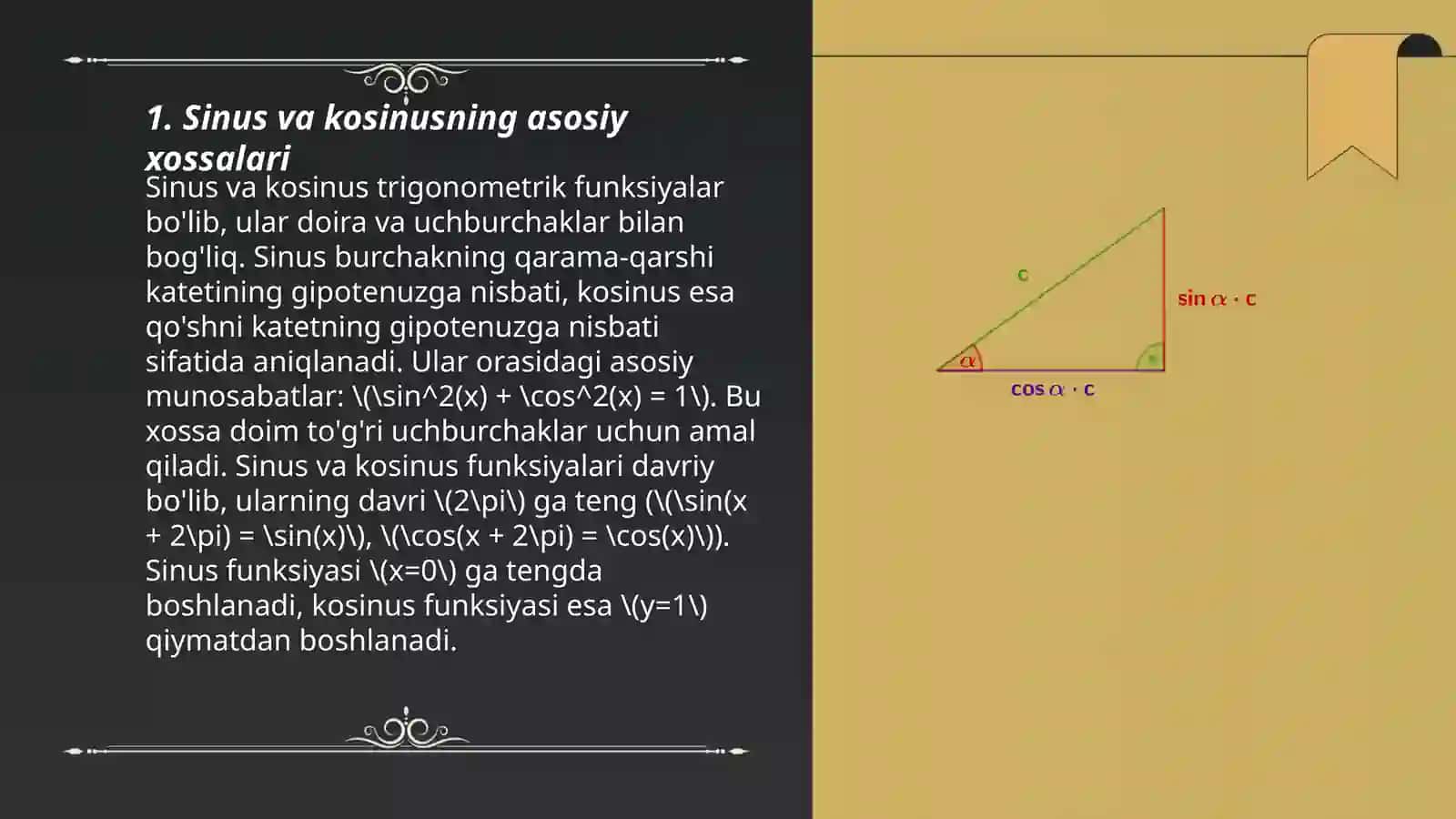 Ayni bir burchakning sinusi kosinusi tangensi orasidagi munosabatlar 3