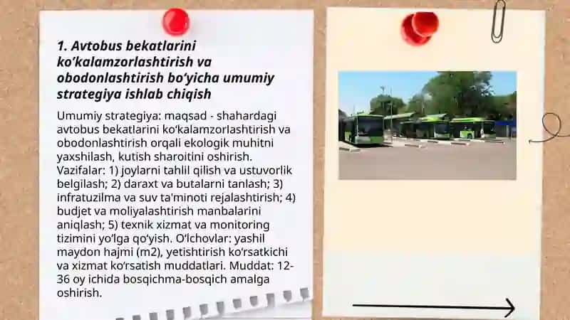 Avtobus bekatlarini ko’kalamzorlashtirish va obodonlashtirish rejalarini tuzish 3