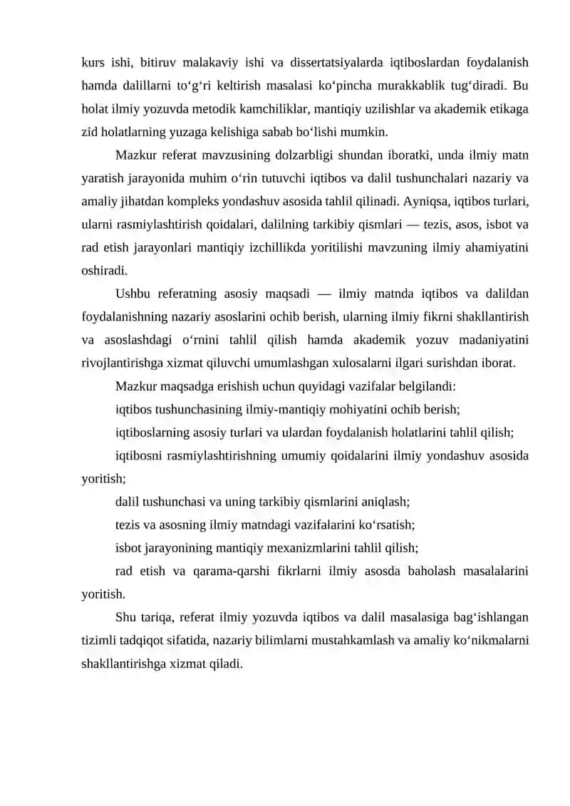 IQTIBOS VA UNI RASMIYLASHTIRISHNING ASOSIY QOIDALARI. DALIL (ASOS, TEZIS, ISBOT, RAD ETISH) 3