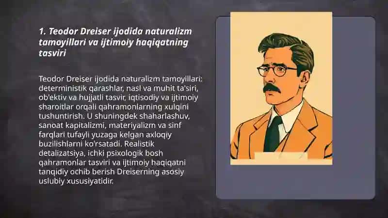 Teodor Drayzer ijodi. "Baxtiqaro Kerri" romani tahlili. Romanning asliyat variant bilan Mark Volosov va Erkin Nosirov (rus va o'zbek mutarjimlari) tarjimalarining qiyosiy tahlili. "Amerika fojeasi" romanlari tahlili 3