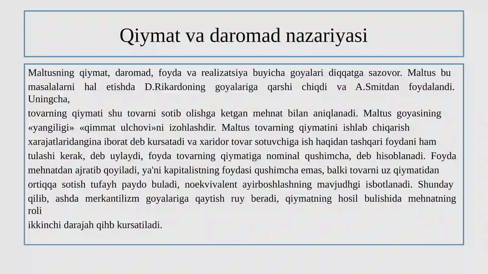 T.Maltus. Uning “Nufuz nazaryasi qiymat nazaryasi va foyda maslahatlarining klassik maktabga xos ziddiyatlaridan foydalanish.T.Maltusning realizatsiya nazaryasi.Maltusning iste’mol nazaryasi 3