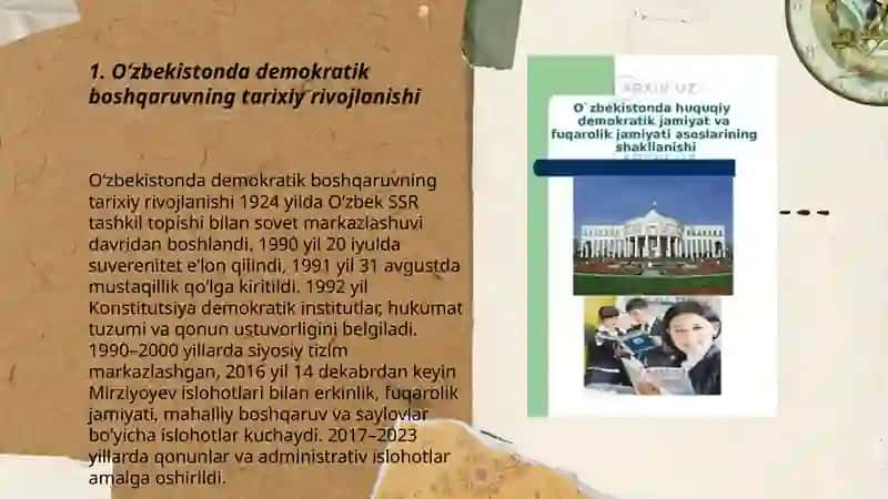 Oʻzbekistonda demokratik, fuqarolik jamiyati asoslarining shakllanishi, amalga oshirilgan siyosiy islohotlar 3