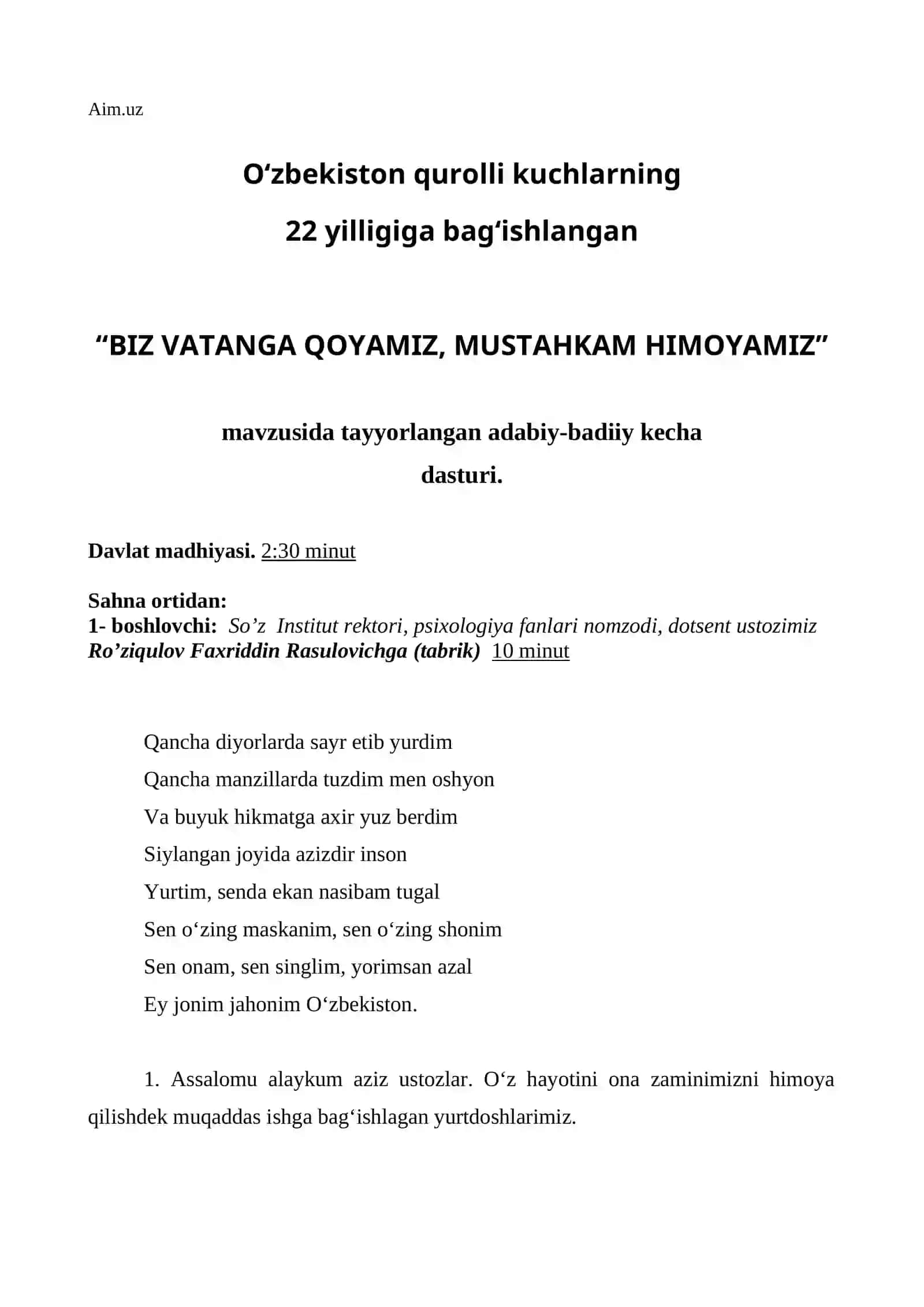 BIZ VATANGA QOYAMIZ, MUSTAHKAM HIMOYAMIZ 3