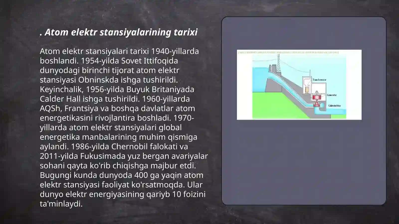 Elektr energiya isteʼmolichilari.Atom elektr stansiyalari(AES) 3