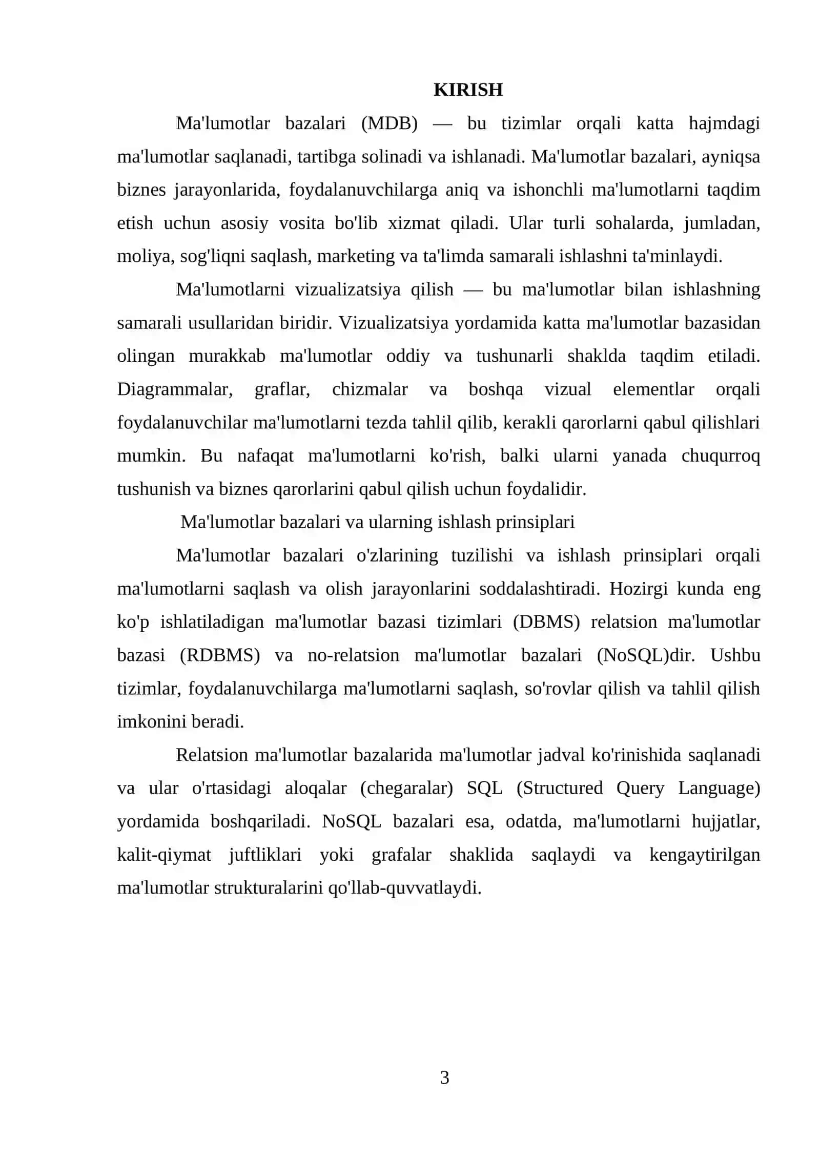 Ma'lumotlar bazasi.Ma'lumotlarni vizualizatsiya qilish:Ma'lumotlar bazasi vizualizatsiyasi, BI dasturi va ularning ishlash  prinsplari 3