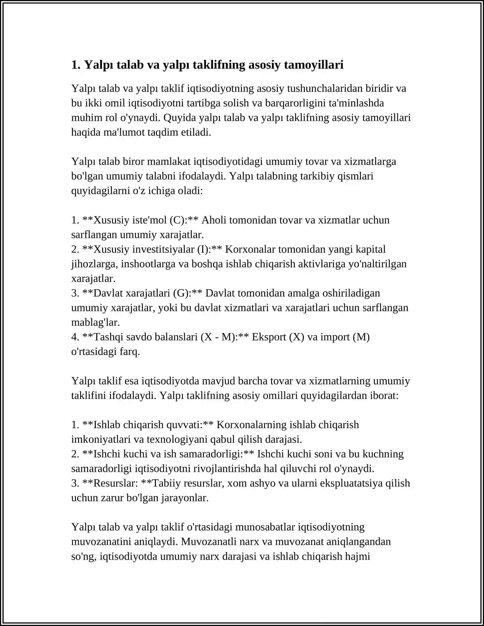 YALPI TALAB, YALPI TAKLIF MODELINING XUSUSIYATLARI 3