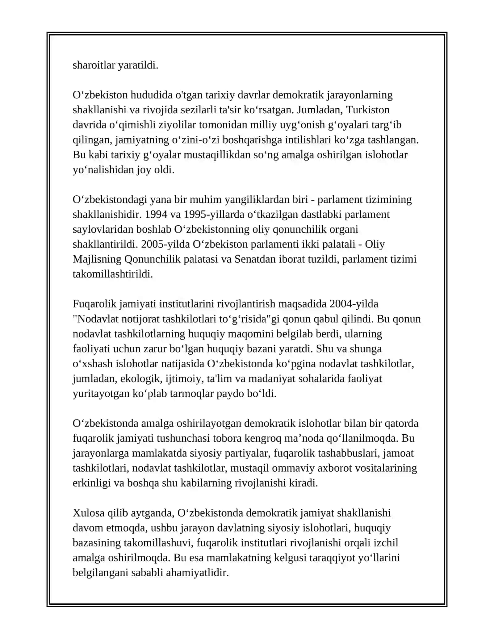 O‘ZBEKISTONDA DEMOKRATIK, FUQAROLIK JAMIYATI ASOSLARINING SHAKLLANISHI, AMALGA OSHIRILGAN SIYOSIY ISLOHOTLAR 3