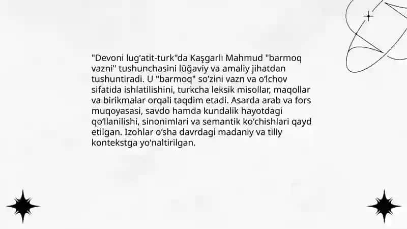 Barmoq vazni xususida. " Devoni - luģatit-turk" asaridagi tòrtliklar sharhi 3