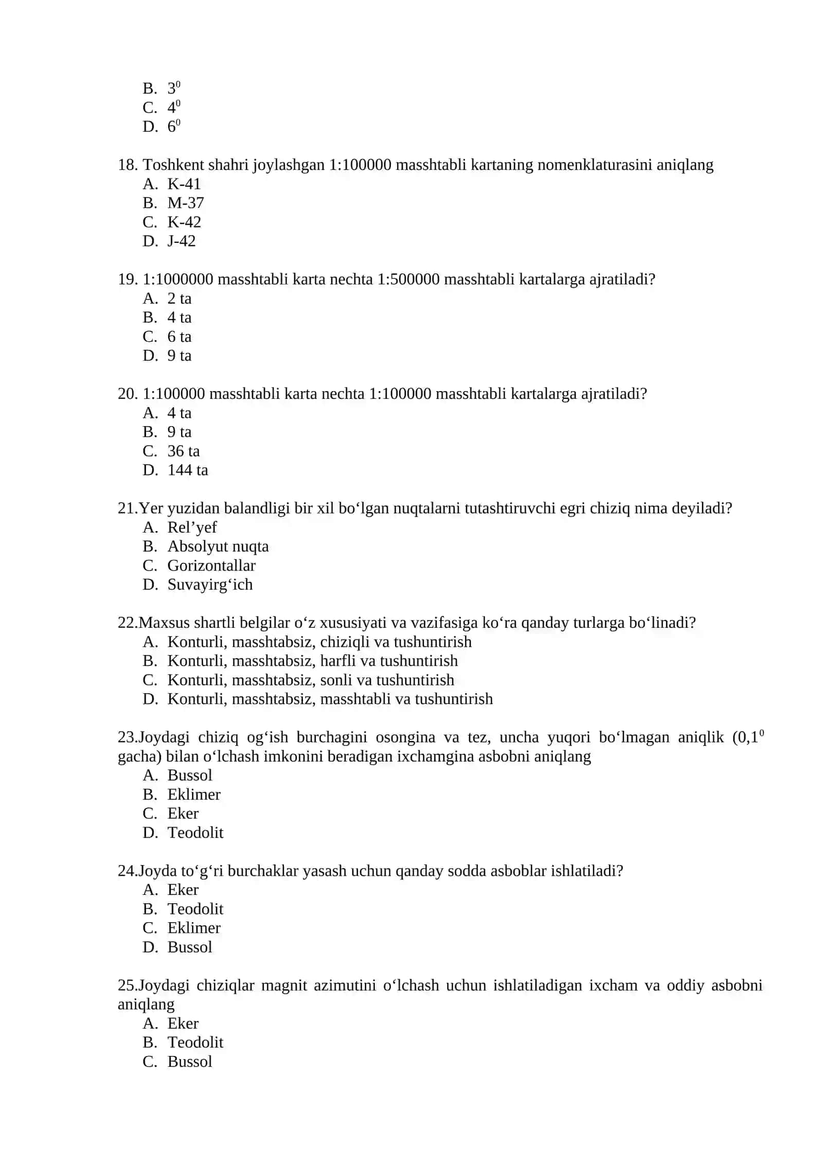Topografiya, kartografiya va GIS fanidan test savollari 3