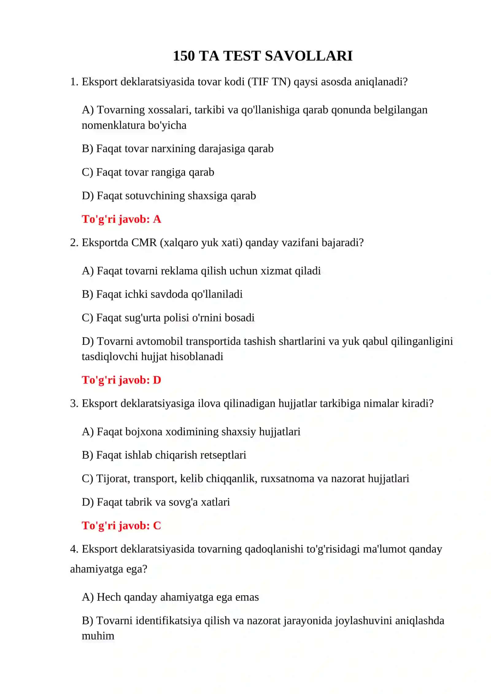 EKSPORT BOJXONA NAZORATI TESTLARI 3