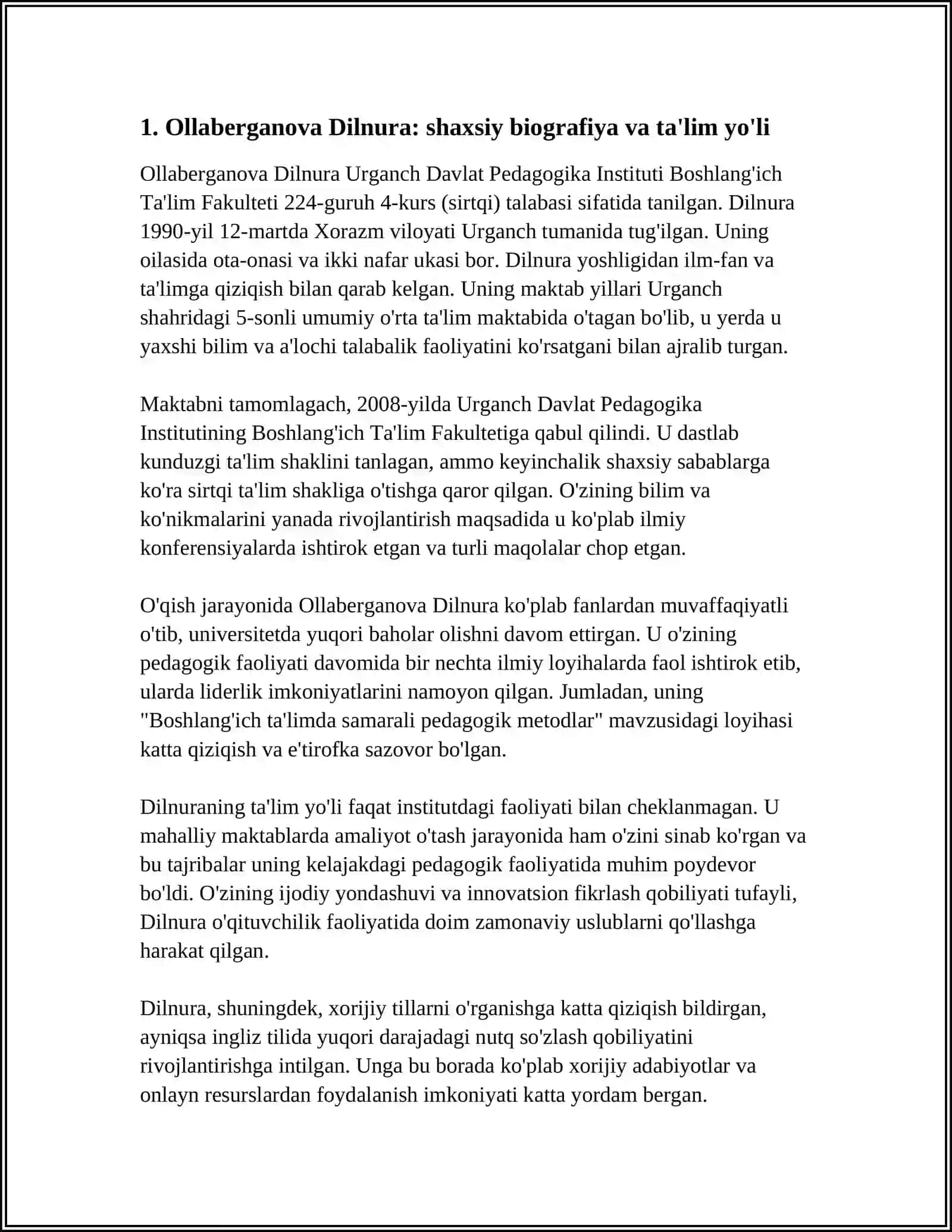 Ollaberganova Dilnura: shaxsiy biografiya va ta'lim yo'li 3