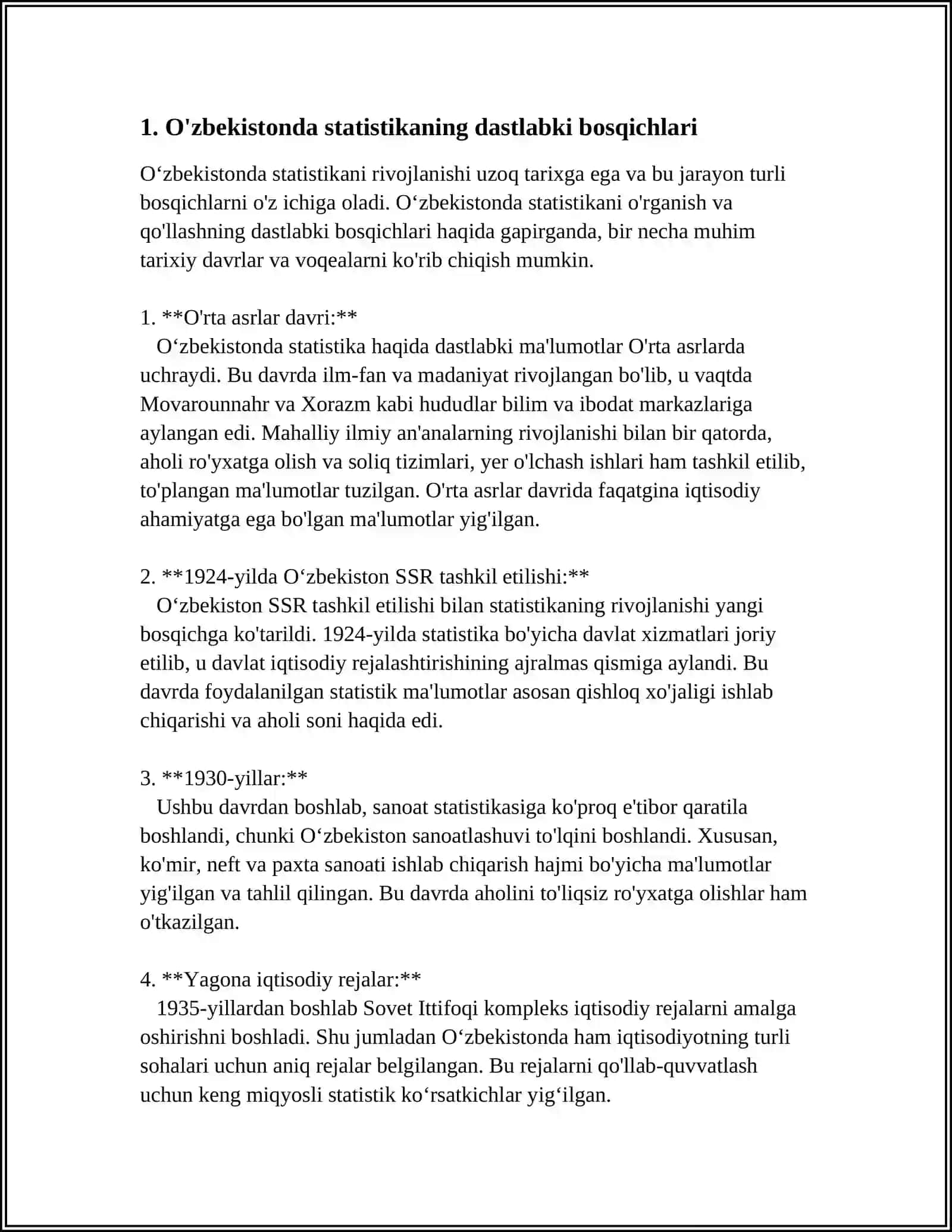 MUSTAQIL ISH Mavzu: O'ZBEKISTONDA SITATISTIKANING RIVOJLANISH BOSQICHLARI 3