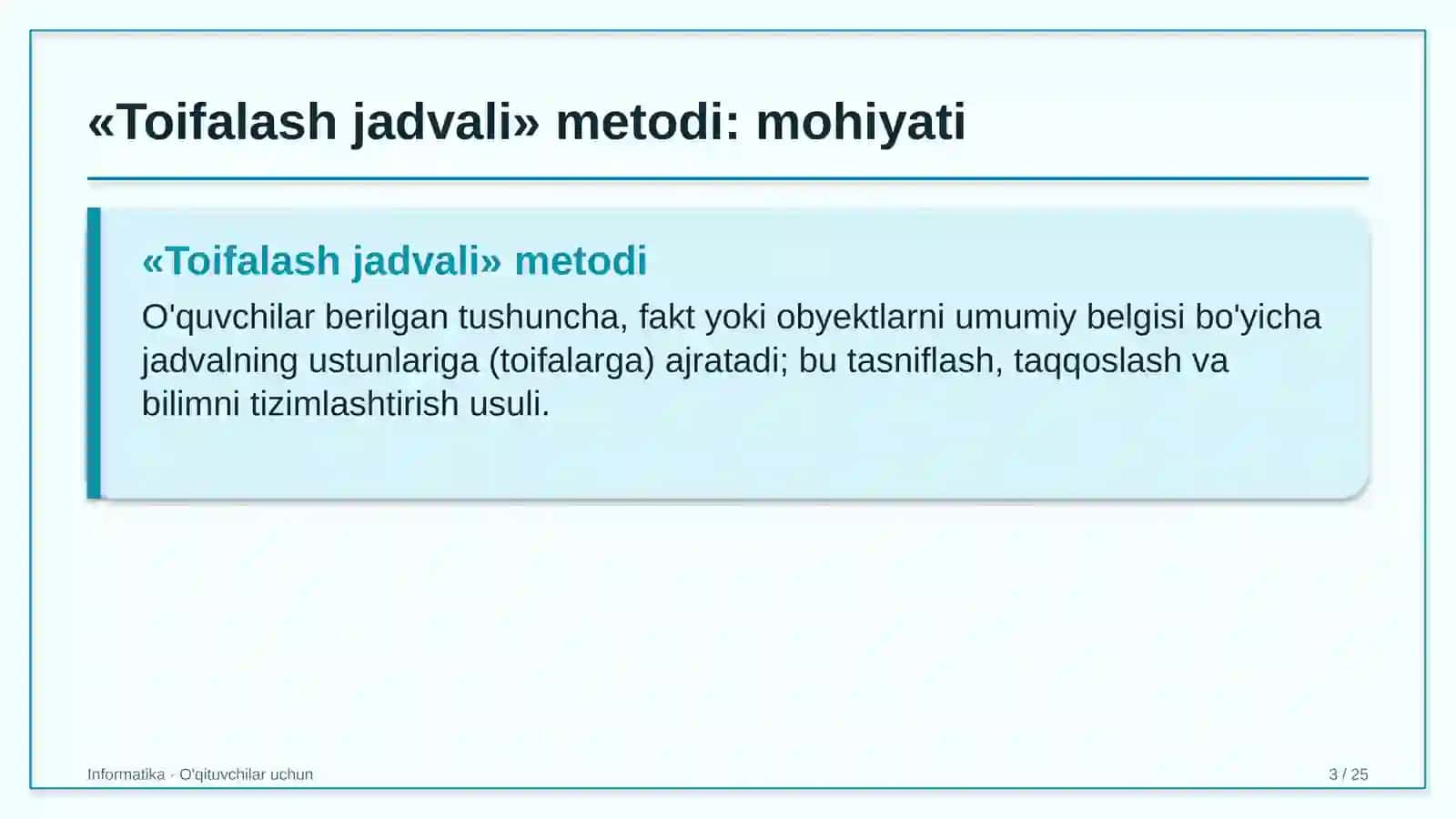 informatika darslarida toifalash jadvali metodidan foydalanish 2560 3