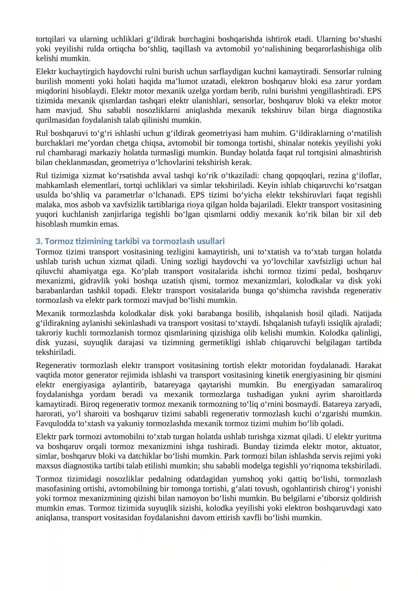 ELEKTR TRANSPORT VOSITALARINING YURISH QISMI, RUL BOSHQARUVI VA TORMOZ TIZIMLARINING TUZILISHI HAMDA ISHLASH PRINSIPI 3