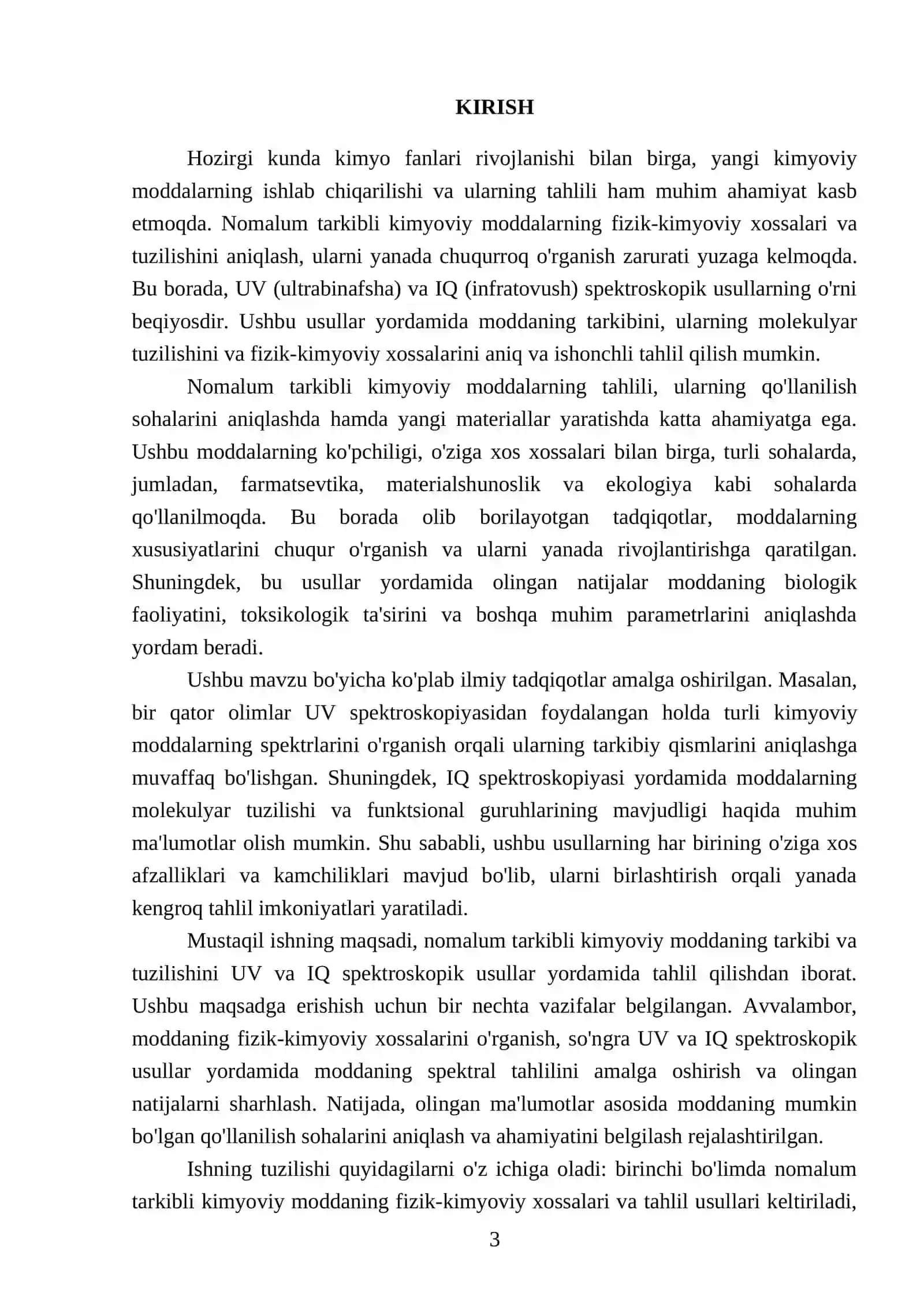 Nomalum tarkibli kimyoviy moddaning tarkibi va tuzulishini UB va IQ spektroskopik usullar yordamida tahlil qilish 3