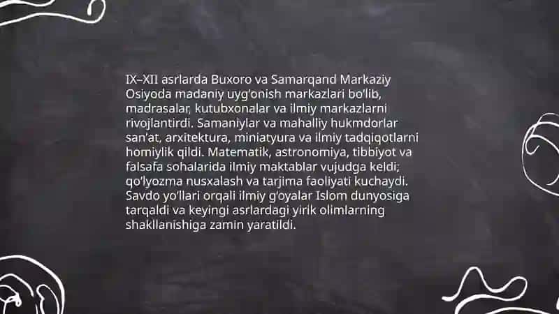 IX-XII asrlarda mamlakatimiz hududida roʻy bergan madaniy uyg'onish (Renessans). Buyuk allomalarning jahon sivilizatsiyasiga qoʻshgan hissasi 3