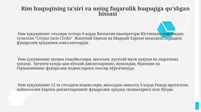 Rim huquqining ta'siri va uning fuqarolik huquqiga qo'shgan hissasi 3