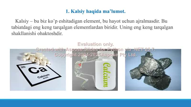 12. Ca2+ kationining organizmdagi ahamiyati, tibbiyotda qo’llanilishi, dori vositalari tarkibida sifat hamda miqdorini aniqlash. Taqdimot 10 bet 3