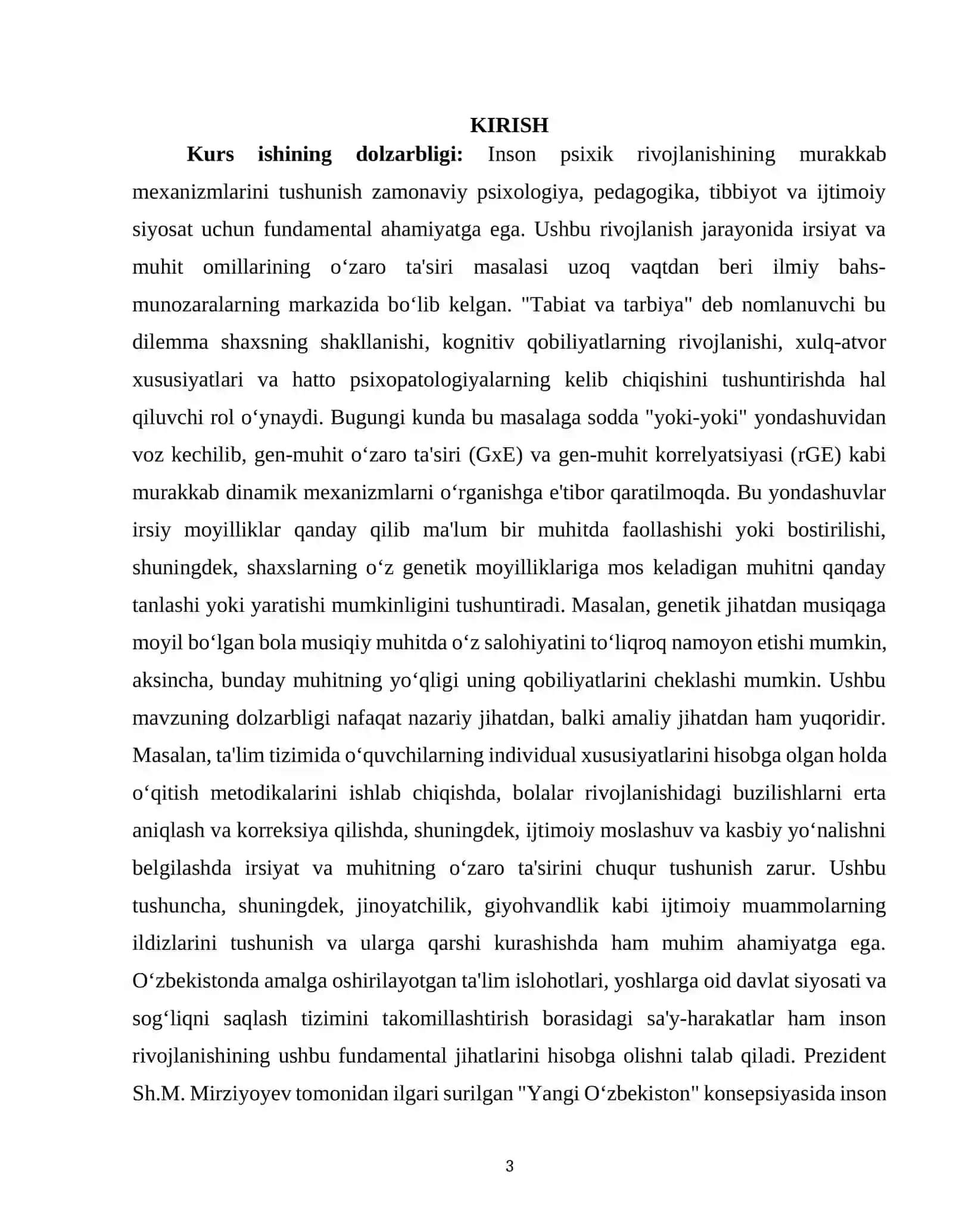 ONTOGENIZ PSIXOLOGIYASI FANIDAN PSIXIK RIVOJLANISHDA IRSIYAT VA MUHIT MUNOSABATI MAVZUSIDAGI KURS ISHI 3