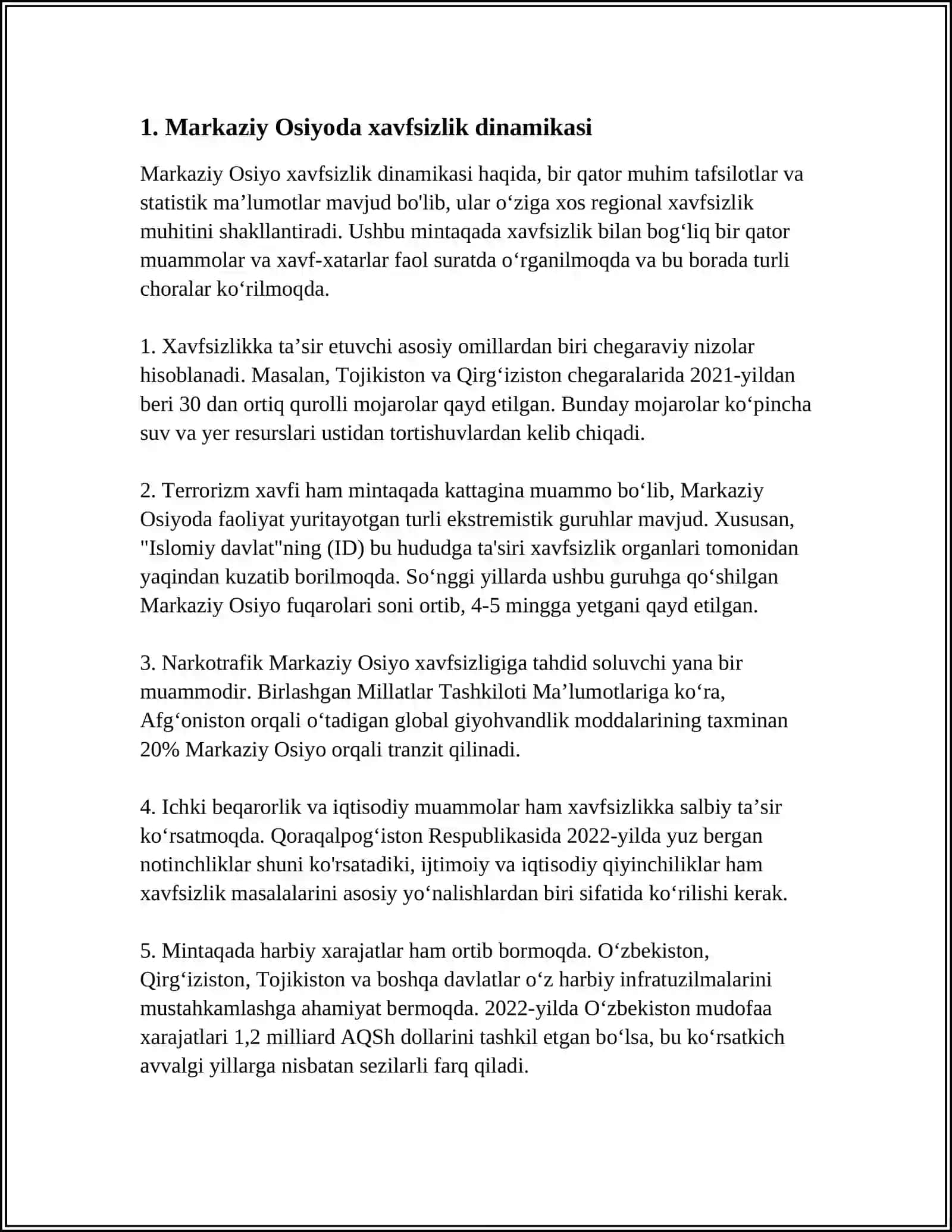 O‘ZBEKISTONNING MARKAZIY OSIYODA TINCHLIK VA BARQARORLIKNI TAMINLASHDAGI OʻRNI 3
