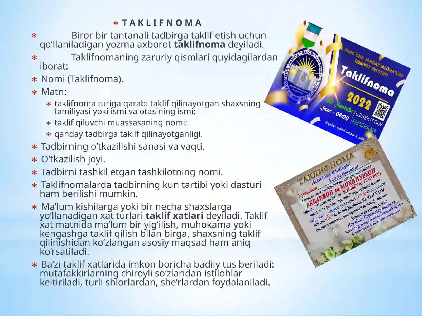 Xizmat yozishmalari-taklifnoma, telegramma,telefonogramma, adres, xatlar 3