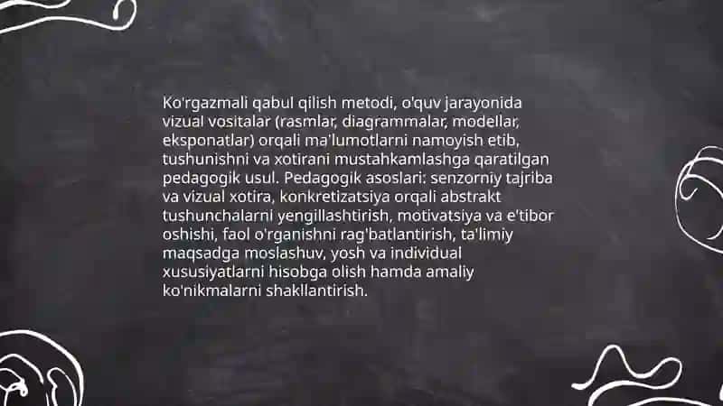 Ko'rgazmali qabul qilish metodi (uning ahamiyati, turlari va ularning qo'llash metodikasi) 3