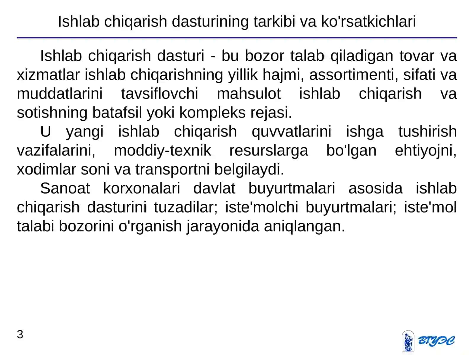 Ishlab chiqarish rejasi ko'rsatkichlari 3