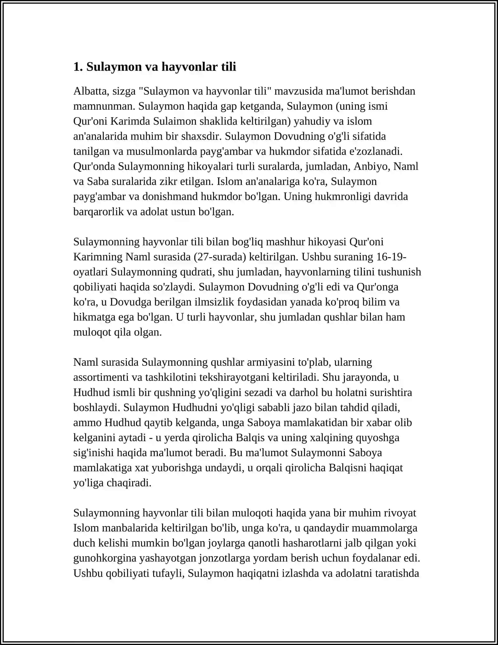 "SULAYMONNING QARINCHQA BILAN SO‘ZLASHGANI" HIKOYASI TAHLIL QILIB BER 3
