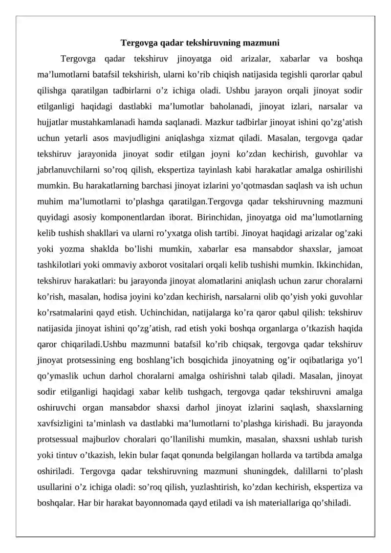 Tergovga qadar tekshiruvni amalga oshiruvchi organlar tushunchasi va turlari 3
