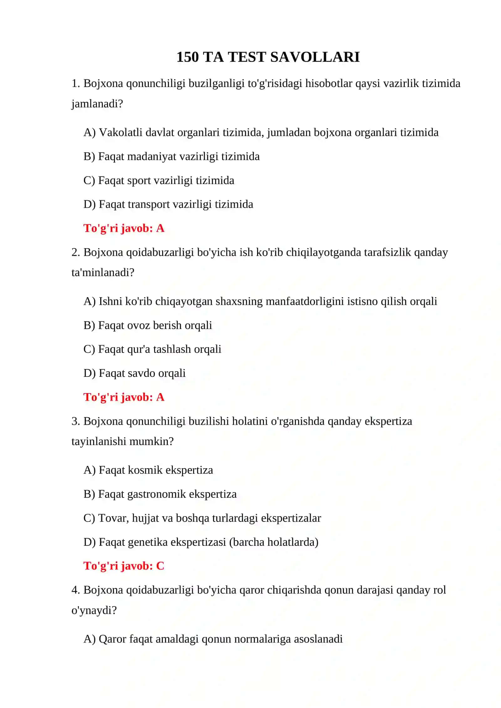 BOJXONA KODEKSI BO'YICHA IMTIHON TESTLARI 3
