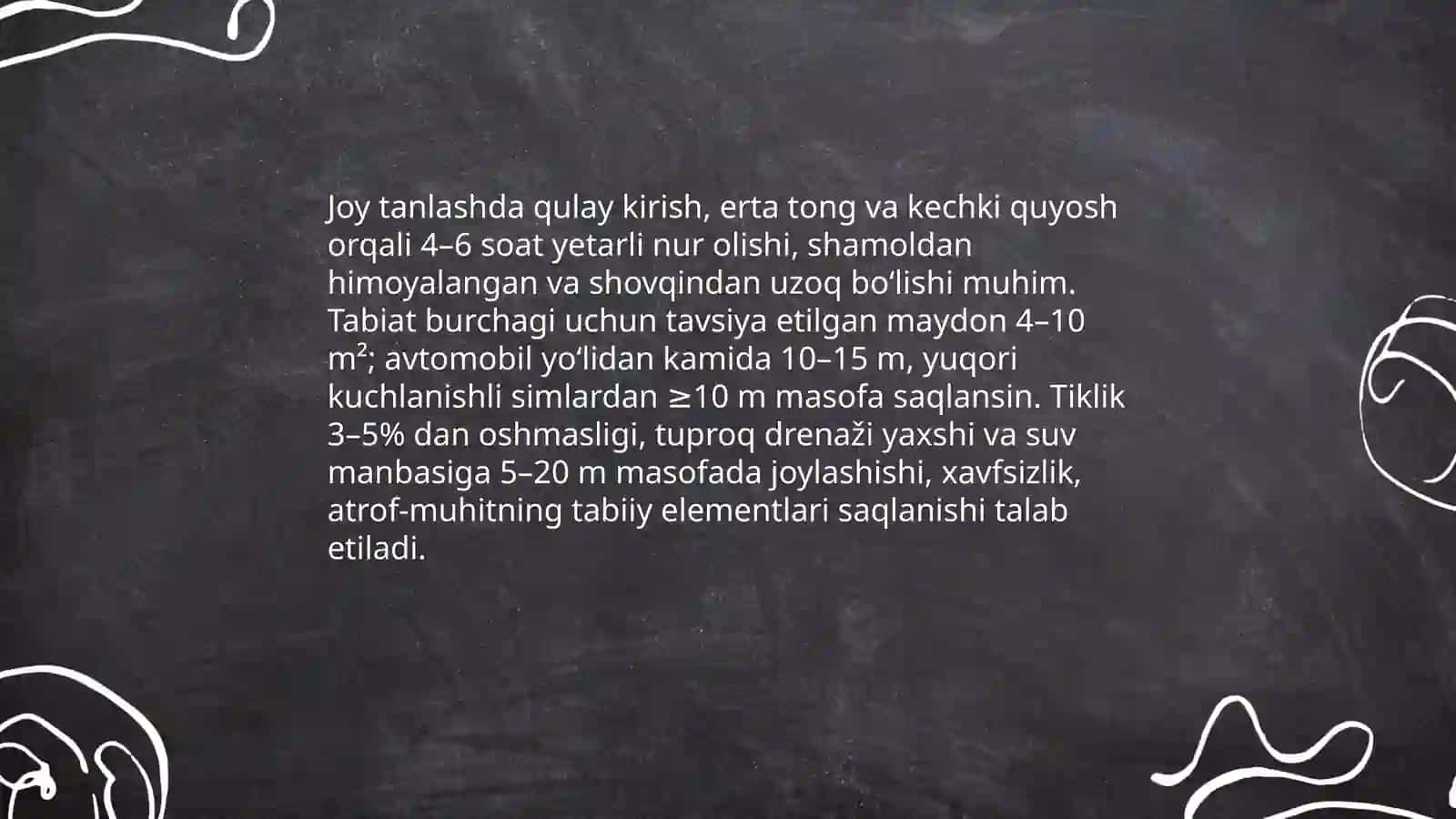 Tabiat burchagini tashkil etishga qoʻyilgan talablar Jasmina 3