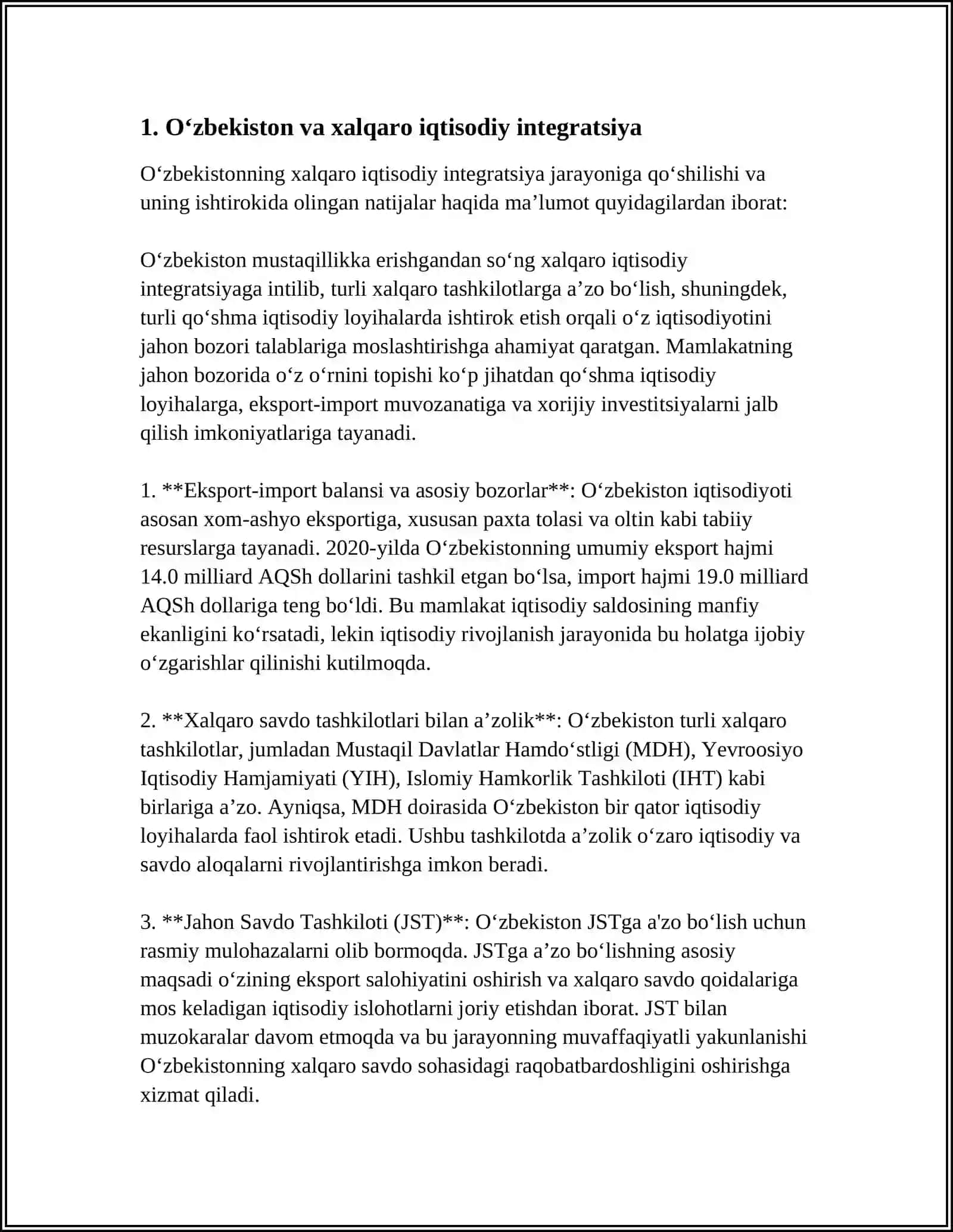 MUSTAQIL ISH Mavzu: OʻZBEKISTON VA JAHON HAMJAMIYATI 3