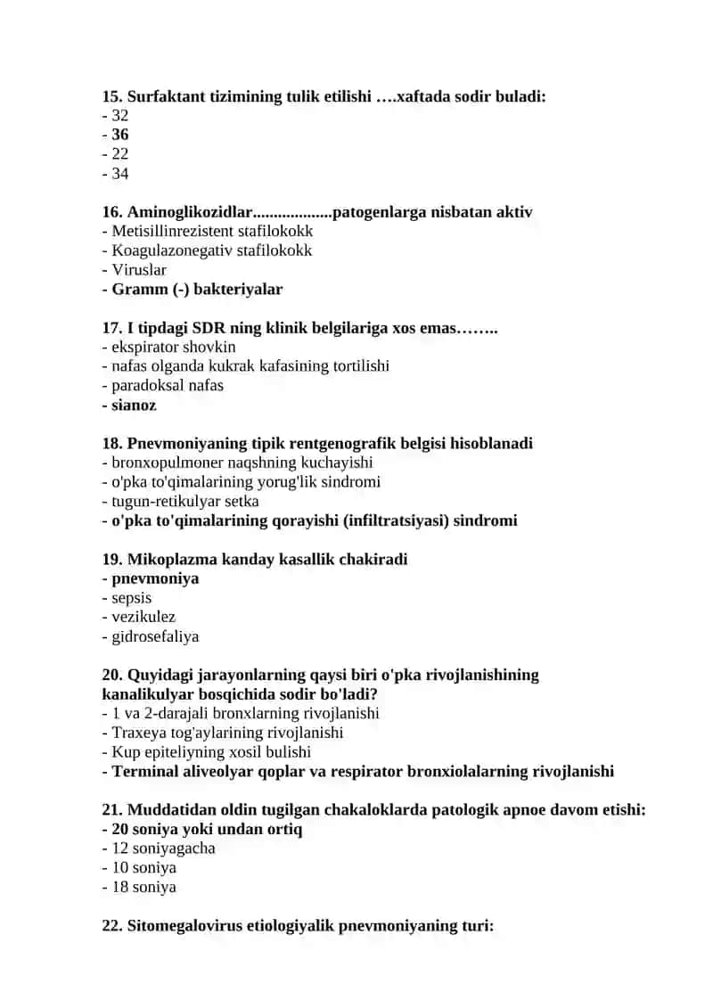 Neonatologiya mutaxassisligi bo'yicha test, javoblari bilan 3