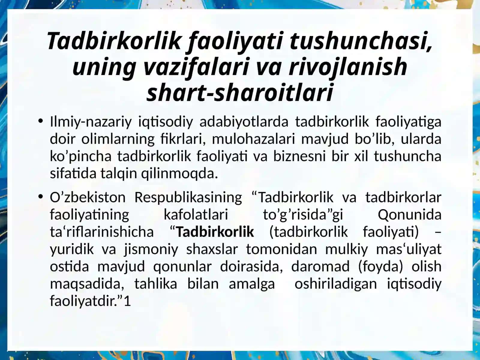 Tadbirkorlik faoliyati. tadbirkorlik kapitali va uning aylanishi 3