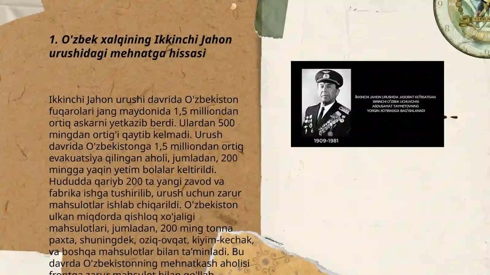 O'zbek xalqining Ikkinchi Jahon urushidagi mehnatga hissasi 3