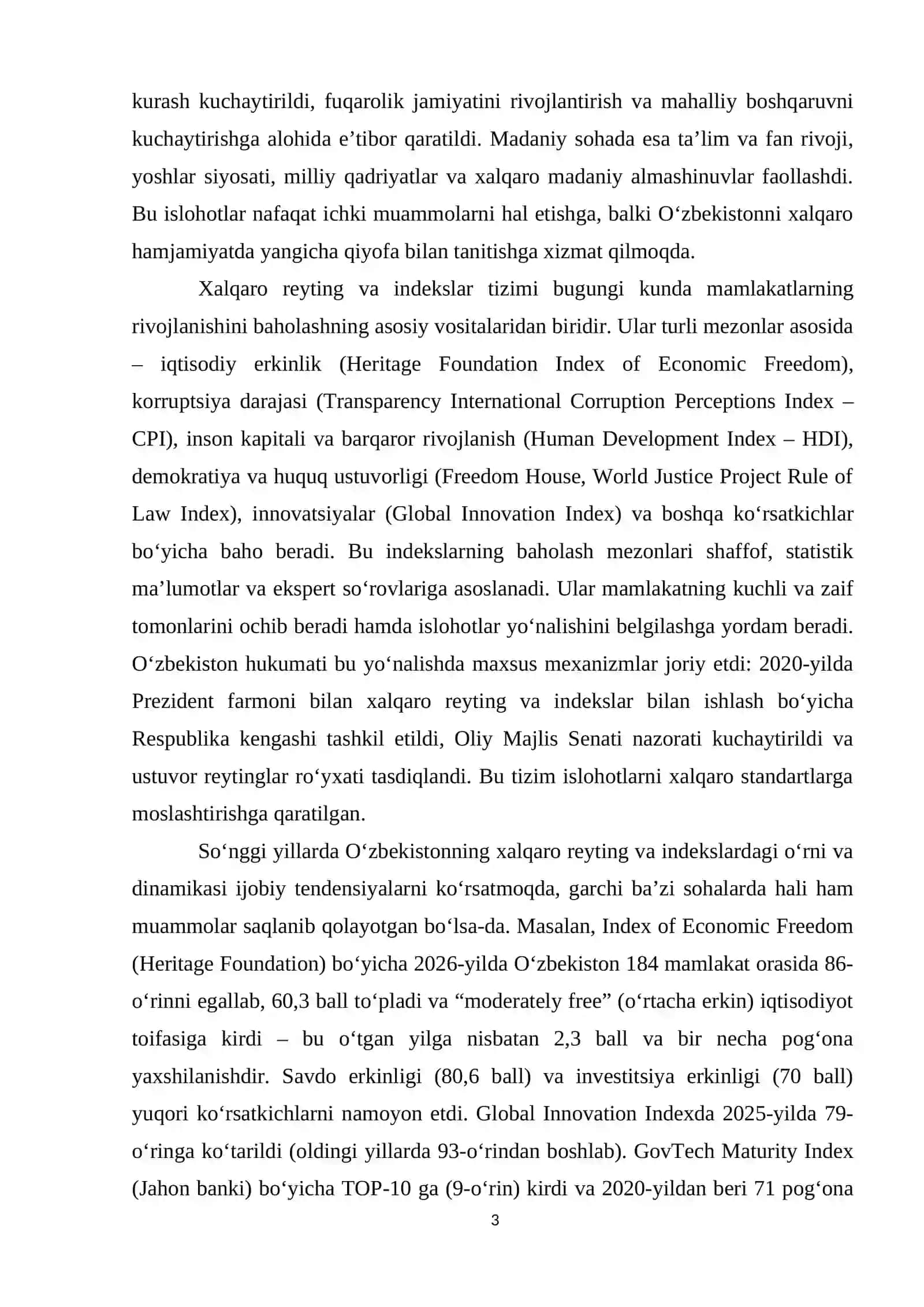 Yangi O'zbekiston ijtimoiy-siyosiy, iqtisodiy va madaniy hayotida ro'y berayotgan o'zgarishlarning xalqaro reyting va indekslarda aks etishi 3