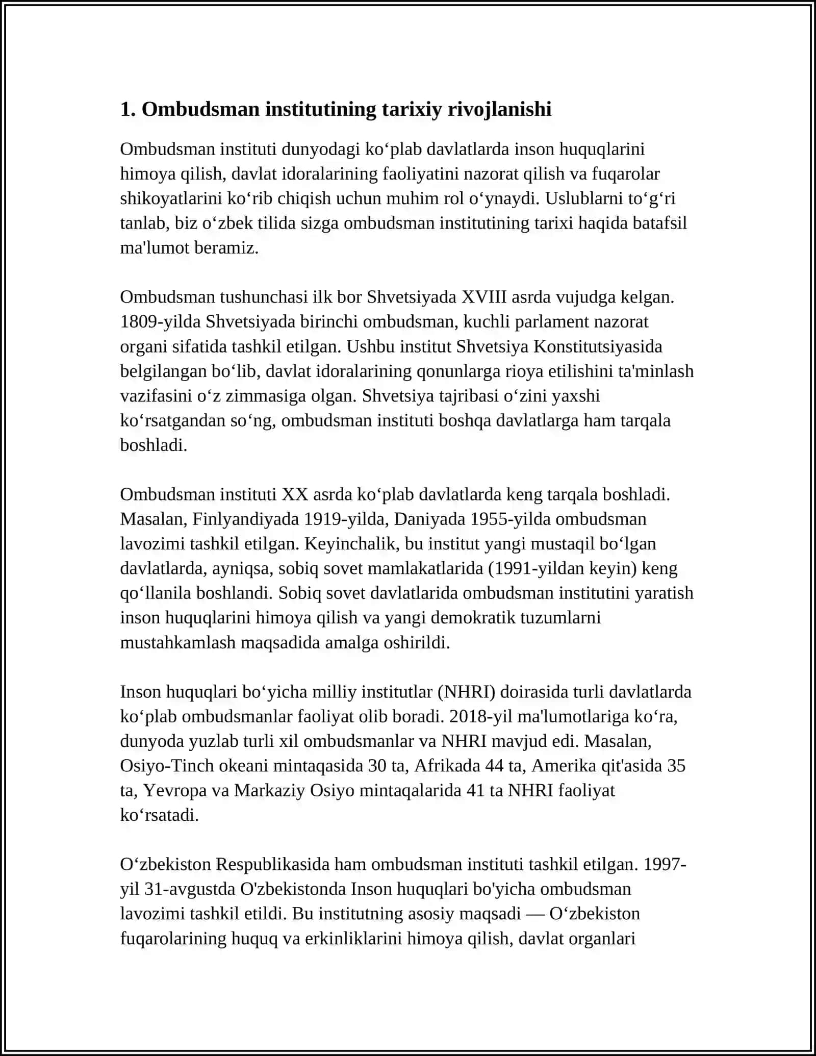 MUSTAQIL ISH Mavzu: O`ZBEKISTON RESPUBLIKASIDA OMBUDSMAN 3