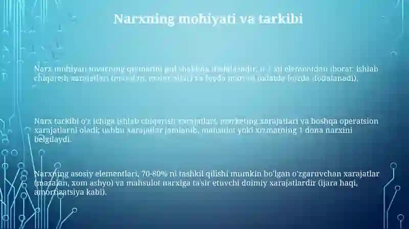 Narxning mazmuni, vazifalari va uning darajasi g'atasiretuvchi omillar 3