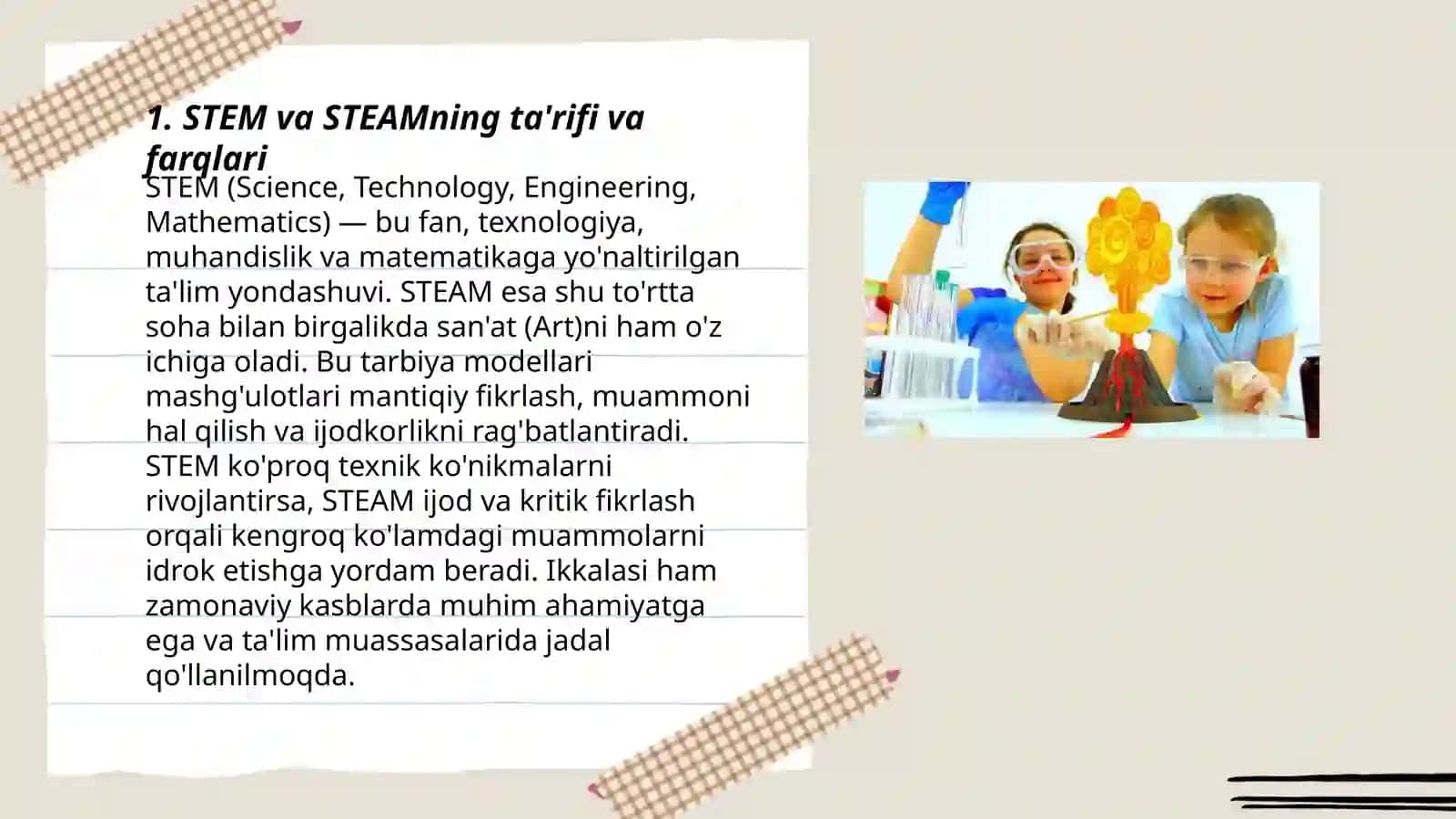 STEM va STEAMning rivojlanishi STEMning STEAMga aylanishi va takomillashtirilishi.STEAM texnologiyasini qõllashda tarbiyachining kreativligi 3